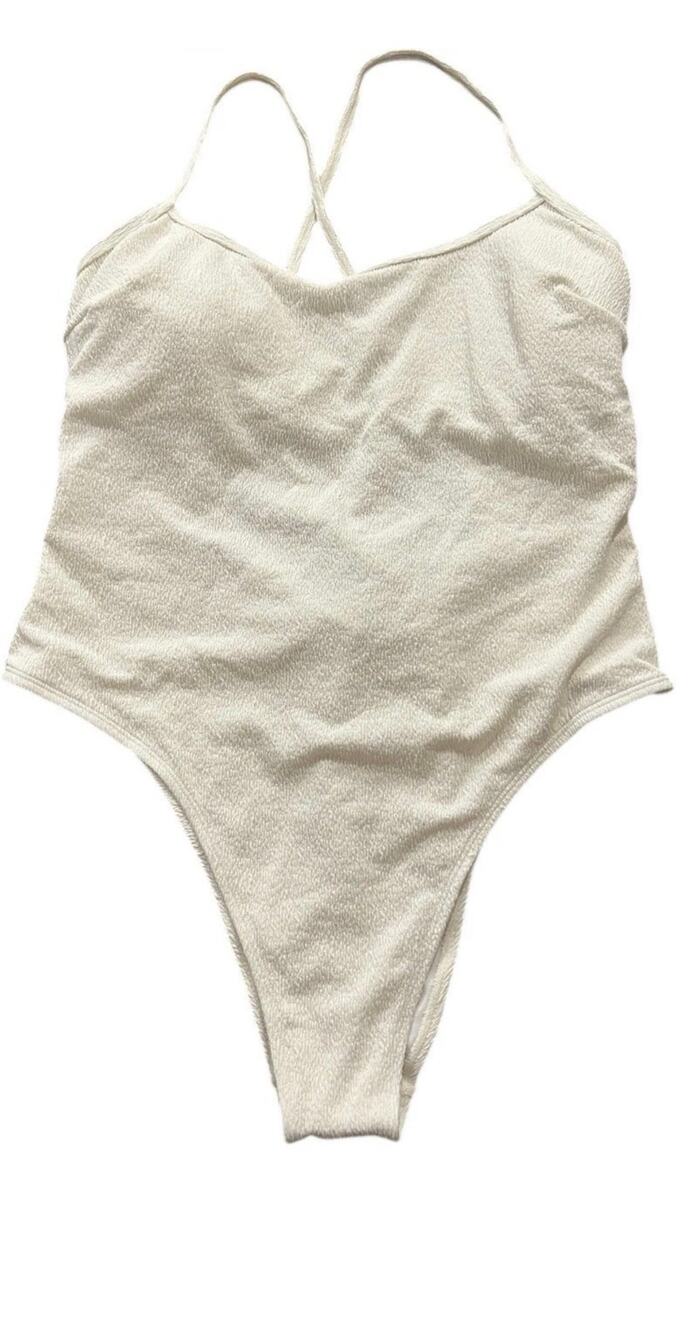 Halara Cream Waffle Knit Tie Back One Piece Swimsuit Size small NWOT